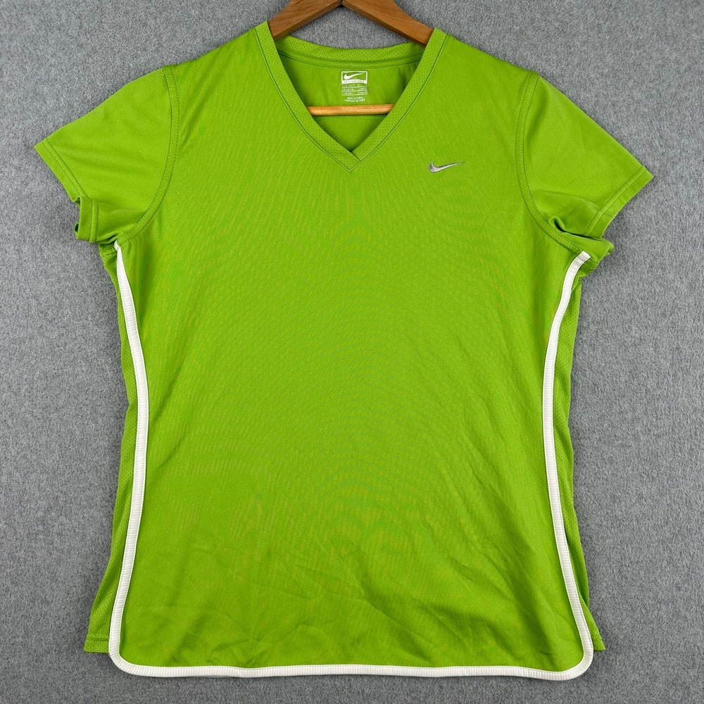 Nike T Shirt Womens L Green Performance V-Neck Short Sleeve Athletic Top